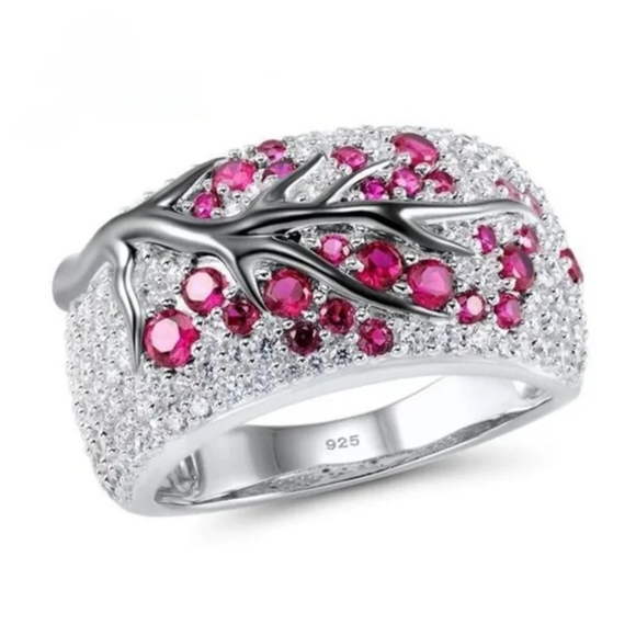 Jewelry - 😁Elegant Sterling Silver Cherry Blossom Ring With Pink Gemstones, Sizes 6,7,8